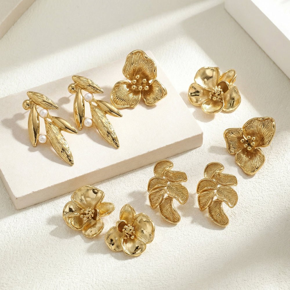 Elegant Leaf Gold Plated Stainless Steel Stud Earrings - TIRAAYA