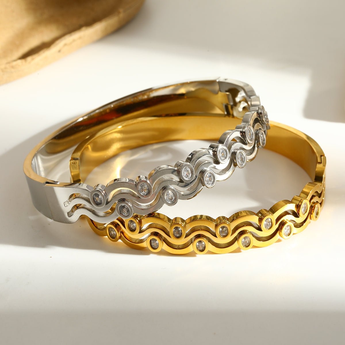Elegant Waves Zircon Gold Plated Stainless Steel Bangle - TIRAAYA