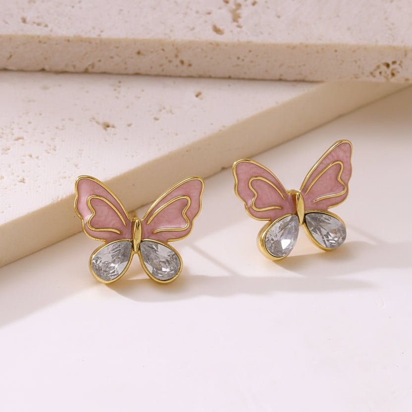 Elegant Butterfly Stud Earrings With Enamel And Gold Plated Finish - TIRAAYA