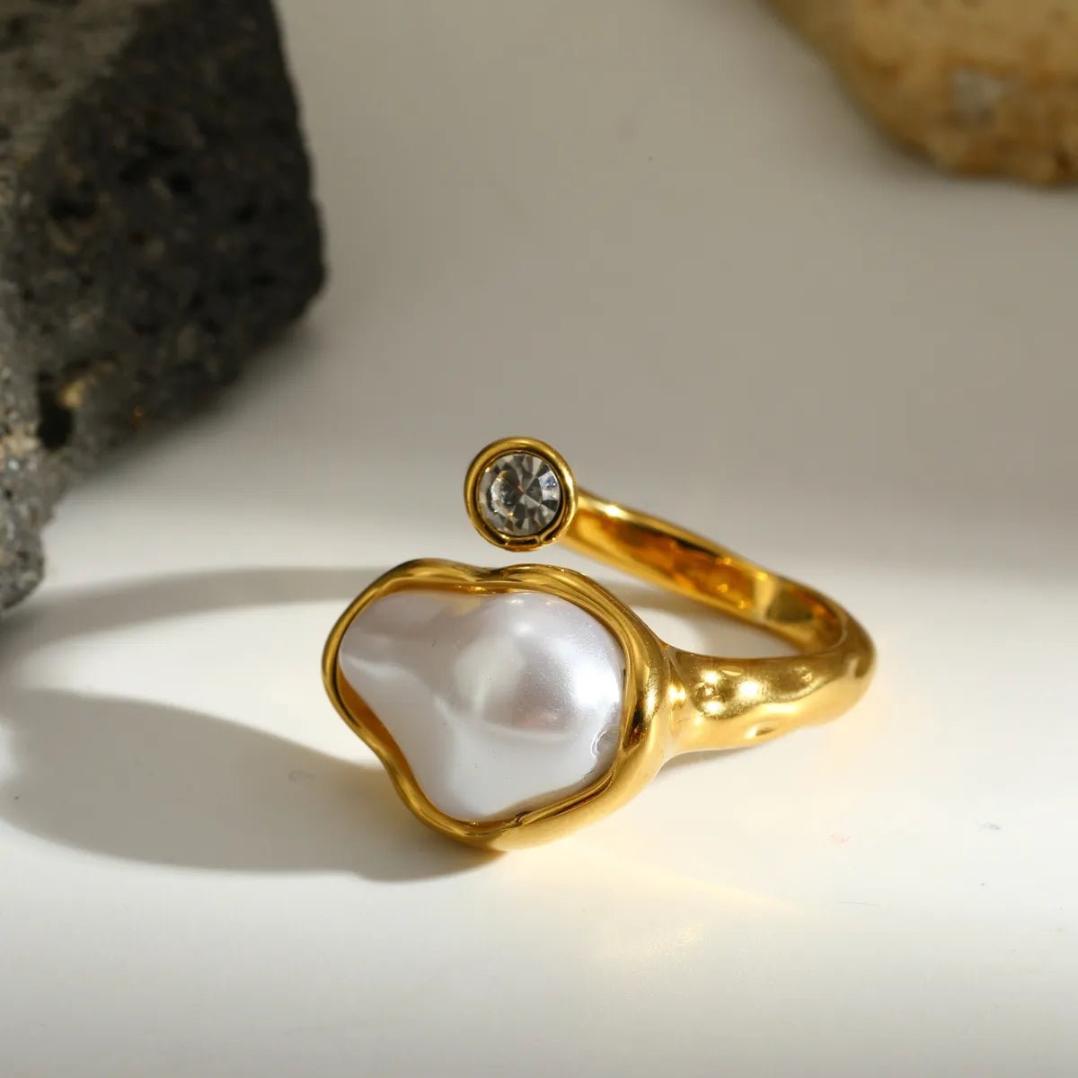 Elegant Geometric Pearl Gold Plated Stainless Steel Open Ring - TIRAAYA
