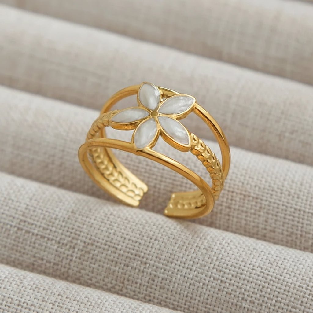Modern Floral Gold Plated Stainless Steel Open Ring - TIRAAYA