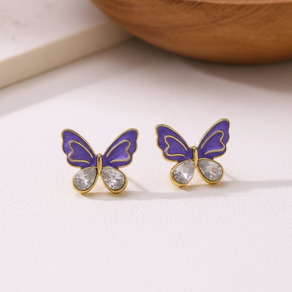 Elegant Butterfly Stud Earrings With Enamel And Gold Plated Finish - TIRAAYA