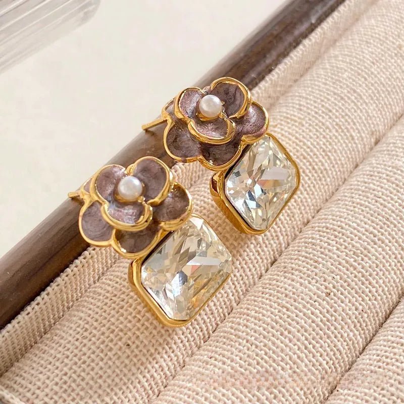 Retro Floral Zircon Stud Earrings In Stainless Steel For Women - TIRAAYA