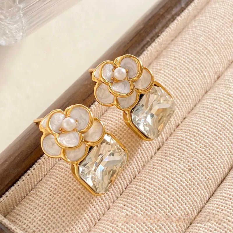 Retro Floral Zircon Stud Earrings In Stainless Steel For Women - TIRAAYA