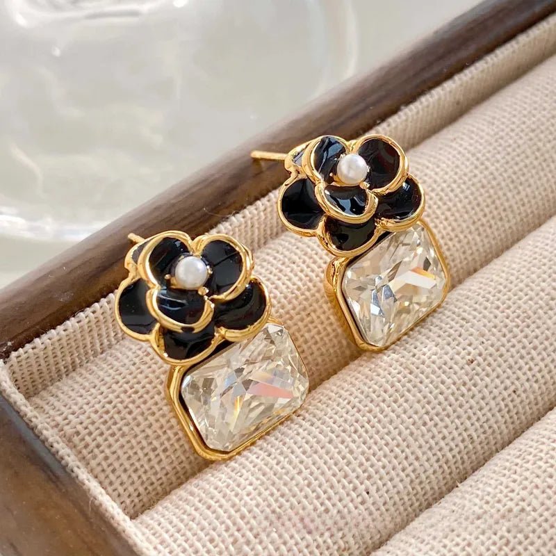 Retro Floral Zircon Stud Earrings In Stainless Steel For Women - TIRAAYA